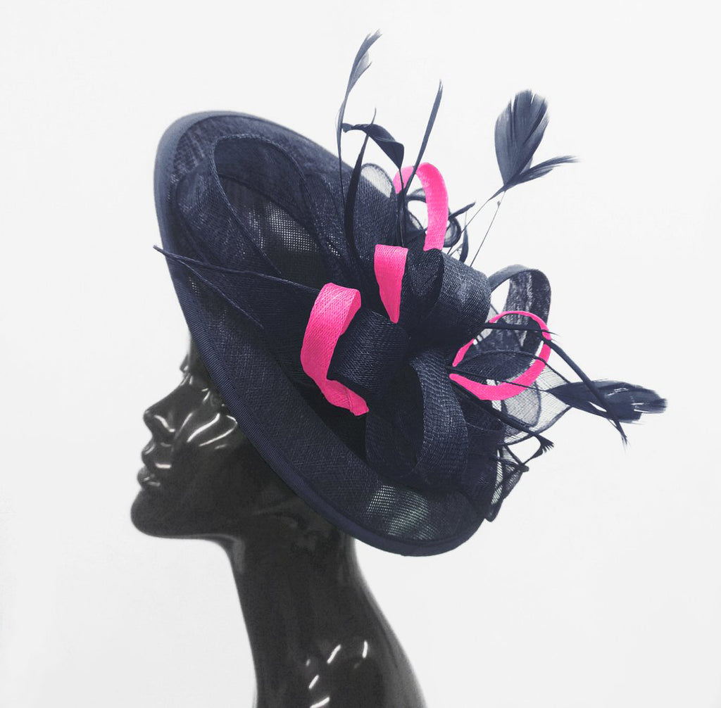 Caprilite Big Saucer Sinamay Navy Blue & Fuchsia Hot Pink Mixed Colour Fascinator On Headband