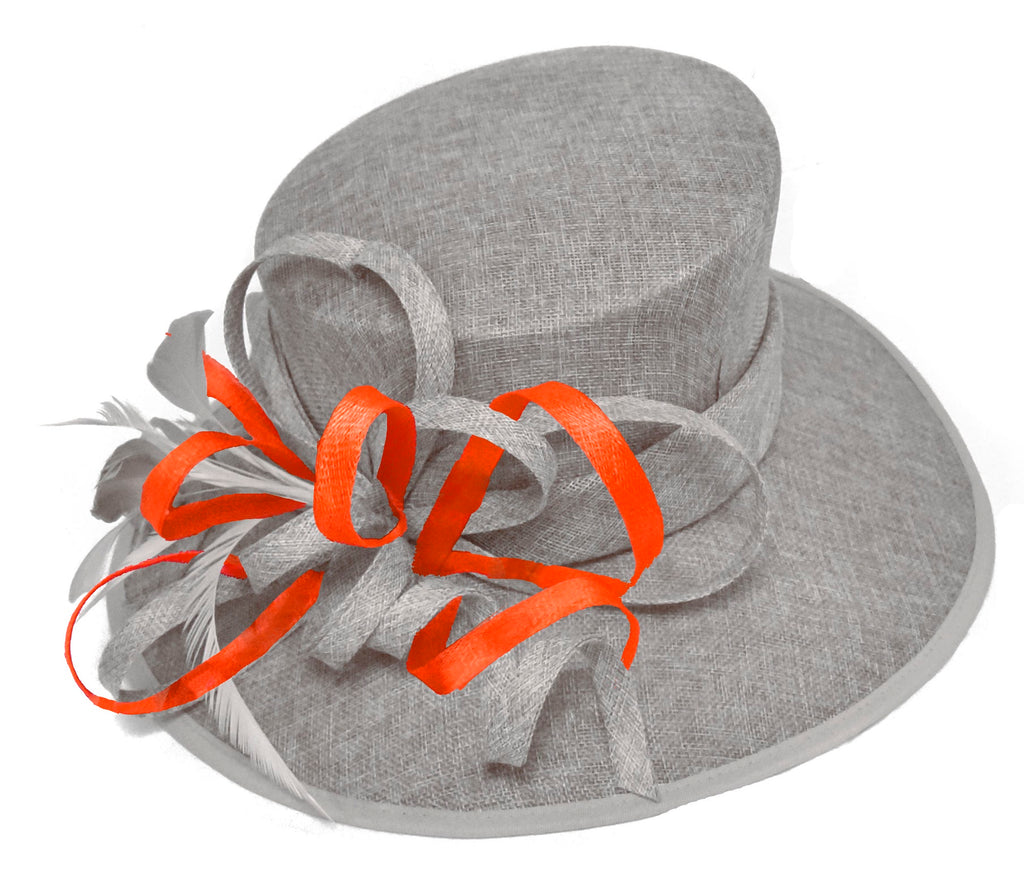 Gris argenté et orange brûlé grand chapeau à bord de reine occasion Hatinator bibi mariages formels