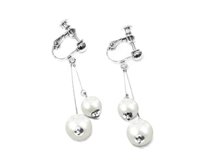 Crystal Drop Dangle Clip On Earrings Tassel Non Pierced Round Pearl Bead Silver