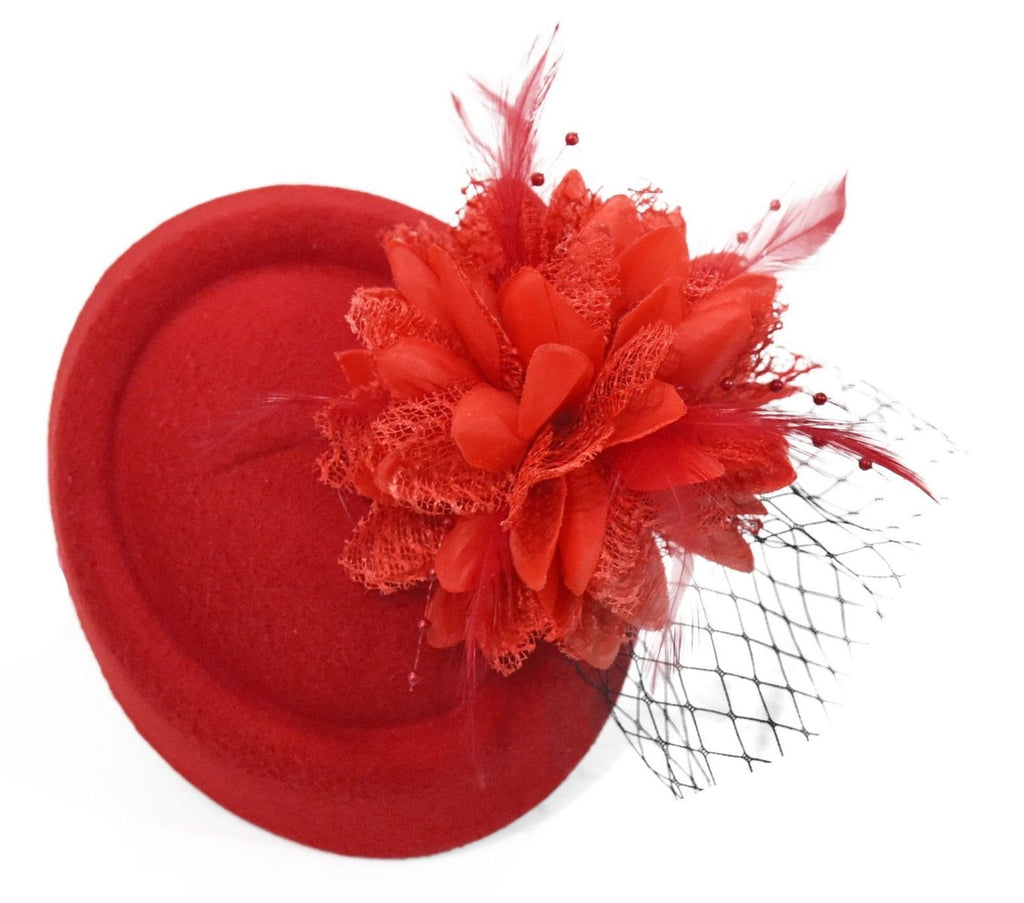 Scarlet Red fascinator hat pillbox black veil on clips for weddings and ascot races