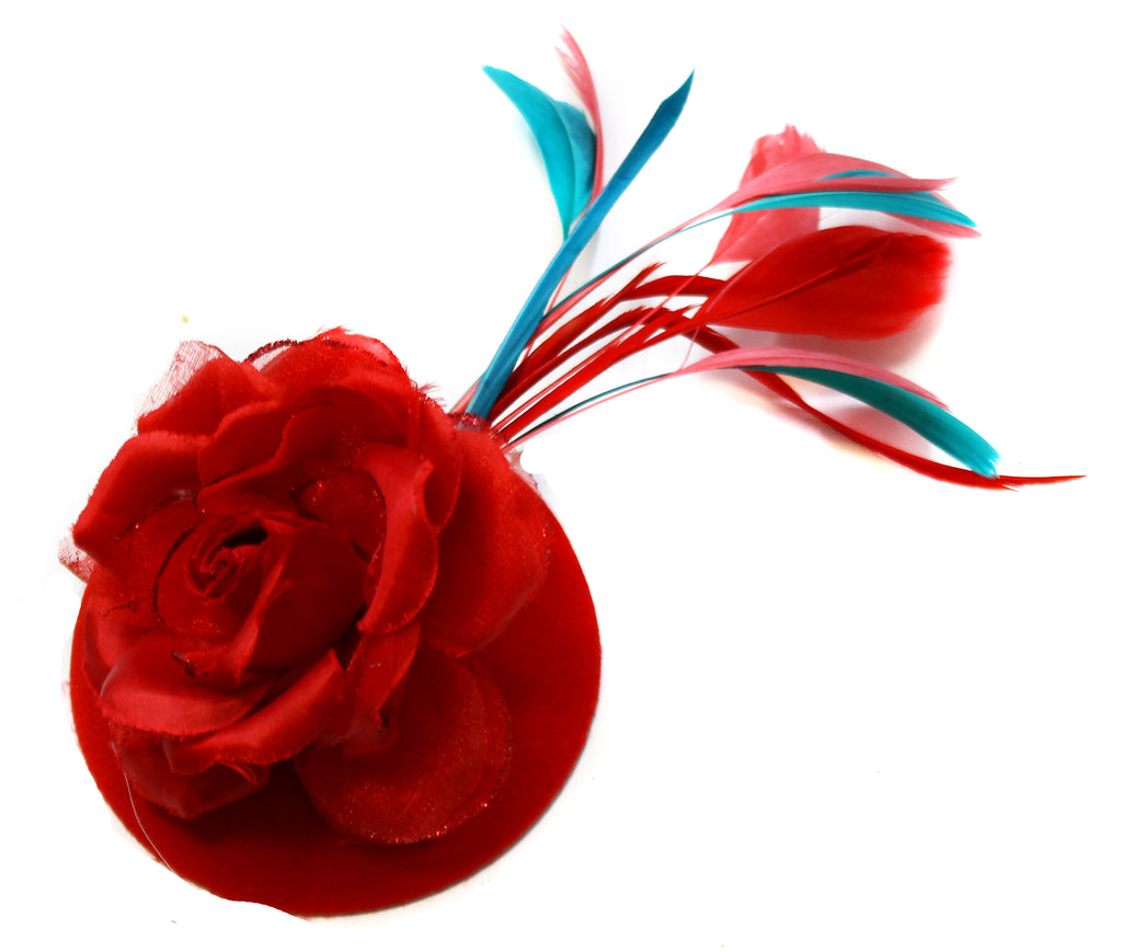 Red Rose with coral and green teal feathers Fascinator