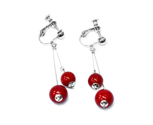 Crystal Drop Dangle Clip On Earrings Tassel Non Pierced Round Red Bead Silver