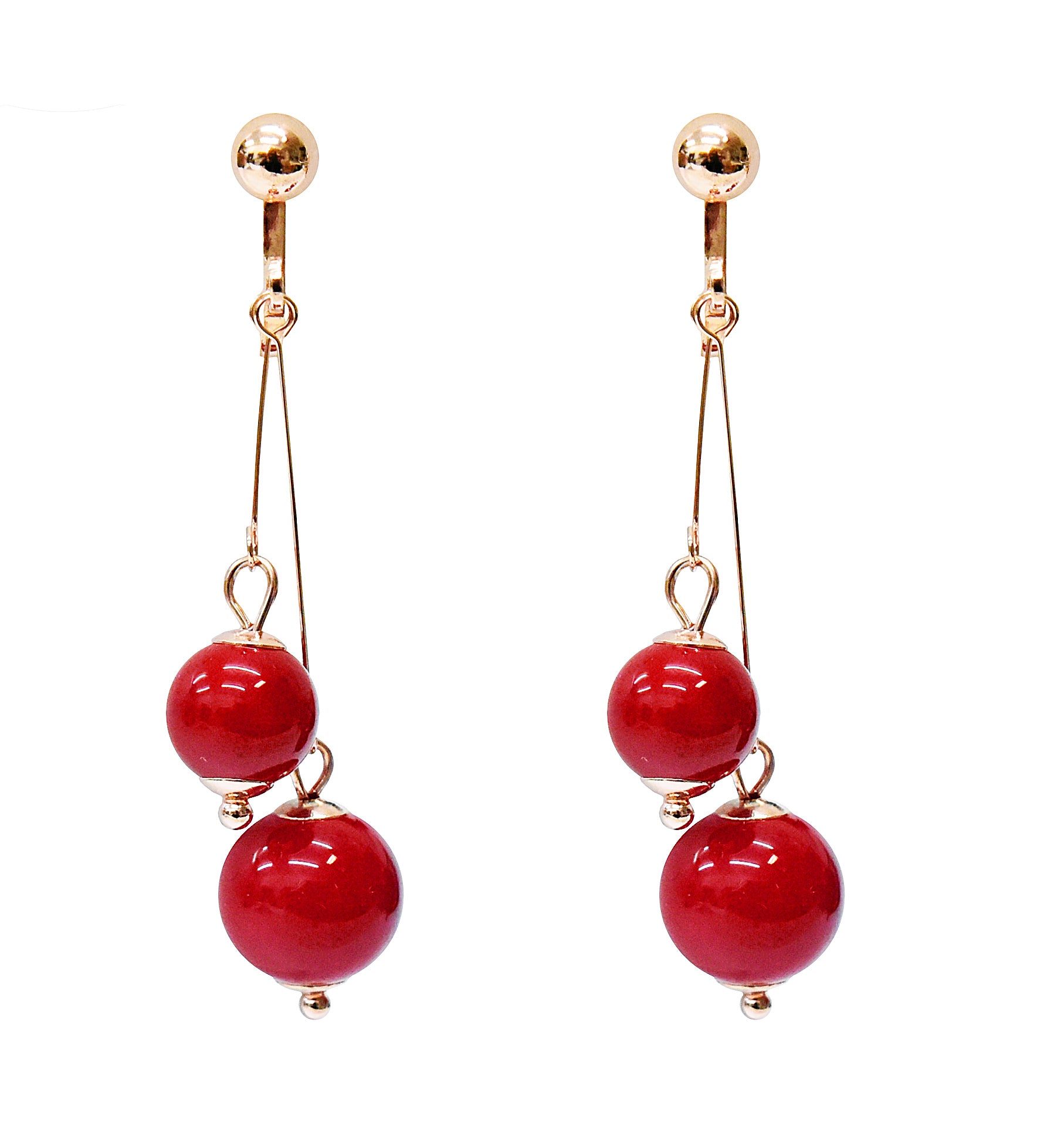 Boucles d'oreilles à Clip en forme de goutte de cristal, pompon non percé, perle ronde rouge dorée