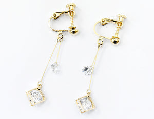 Crystal Drop Dangle Clip On Earrings Tassel Non Pierced Rhombus Gold