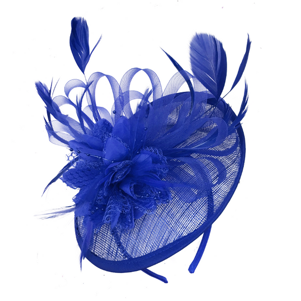 Royal blue fascinator with sinamay loops, cream flower and netting store on a headband!