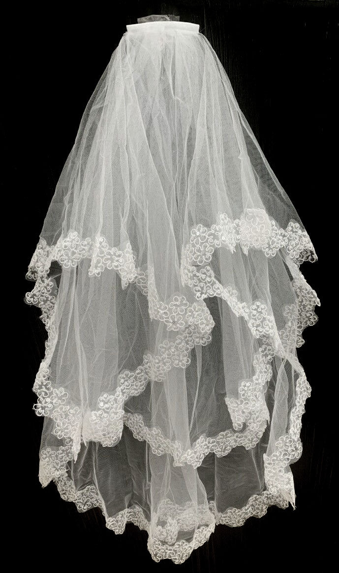 White Bridal Lace Veil on Comb Bride to Be Hen Night Bachelorette Wedding Party. Two Tier Veil.
