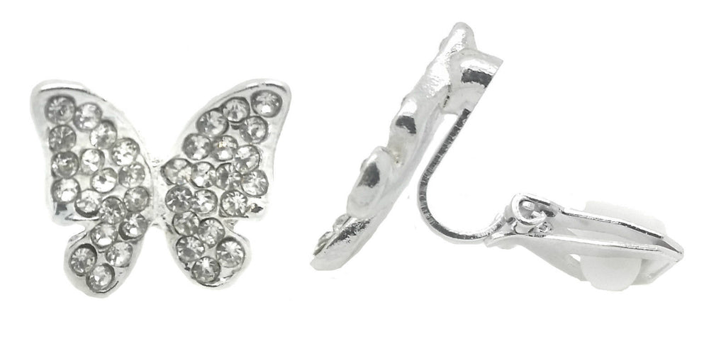 Butterfly Non-Pierced Crystal Silver Stud Diamante Clip On Earrings CZ Cushion UK Ladies women kids children girls