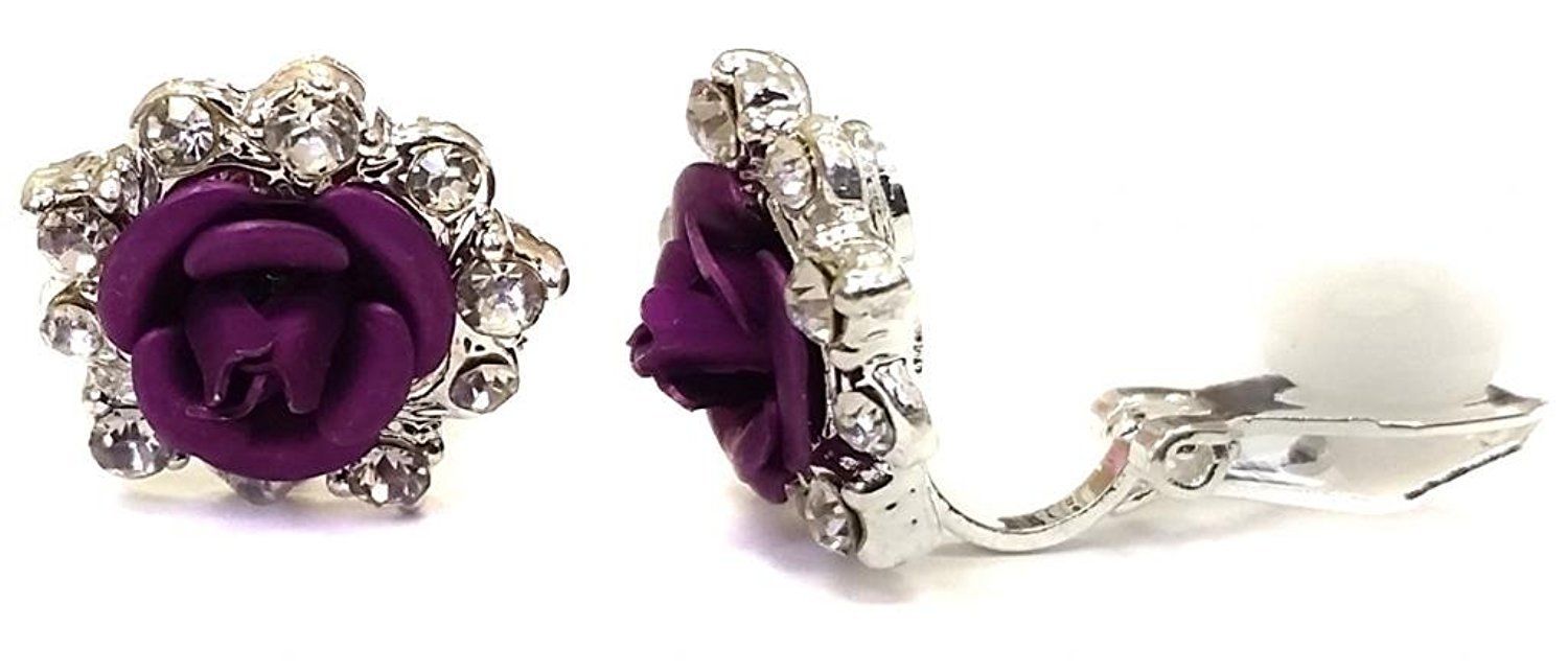 Silver Rose Crystal Clip On Earrings Stud Earrings Childrens Girls Womens Bridal Purple UK Online Shop