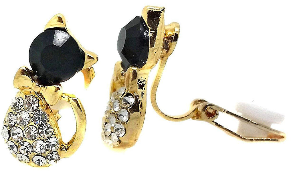 Gold and Black Kids Cat Stud Clip-On Earrings Ladies and Girls Caprilite UK Online Store Jewellery