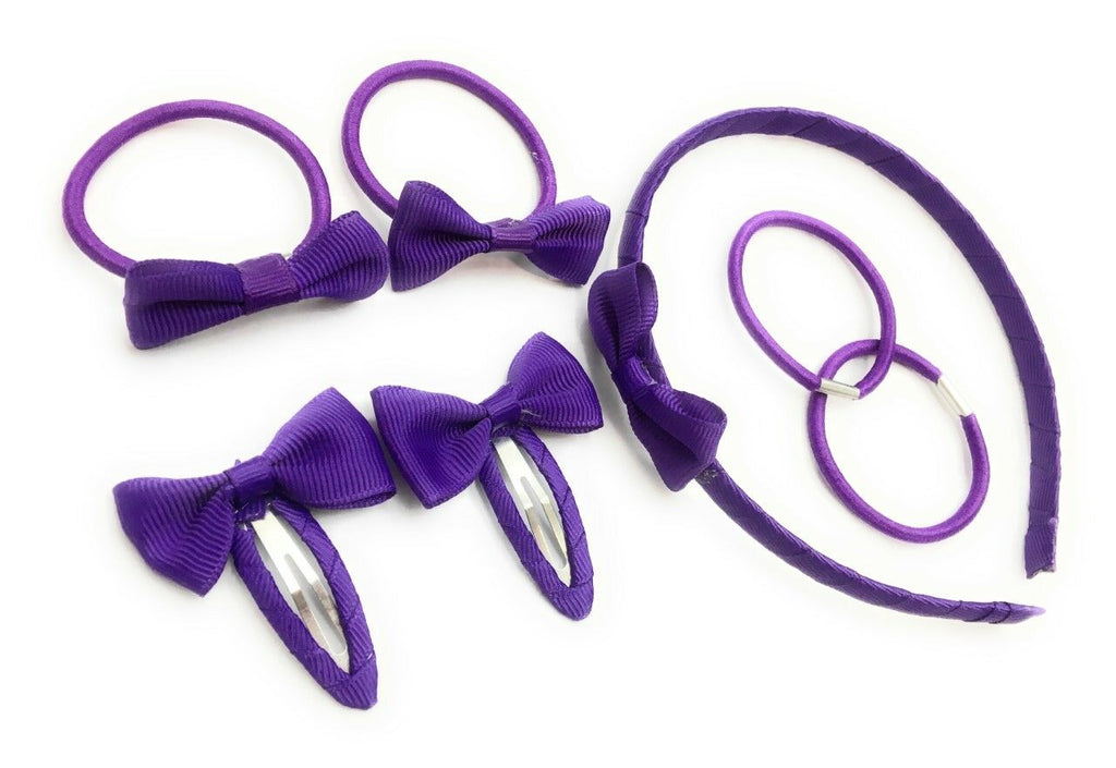 7 PIECE SCHOOL COLOURS Hair Bow Snap Clips SET ALICE BAND PONIOS PonyTail Holder Headband - Purple