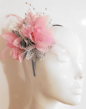 Silver and Baby Pink Flower Fascinator on Headband