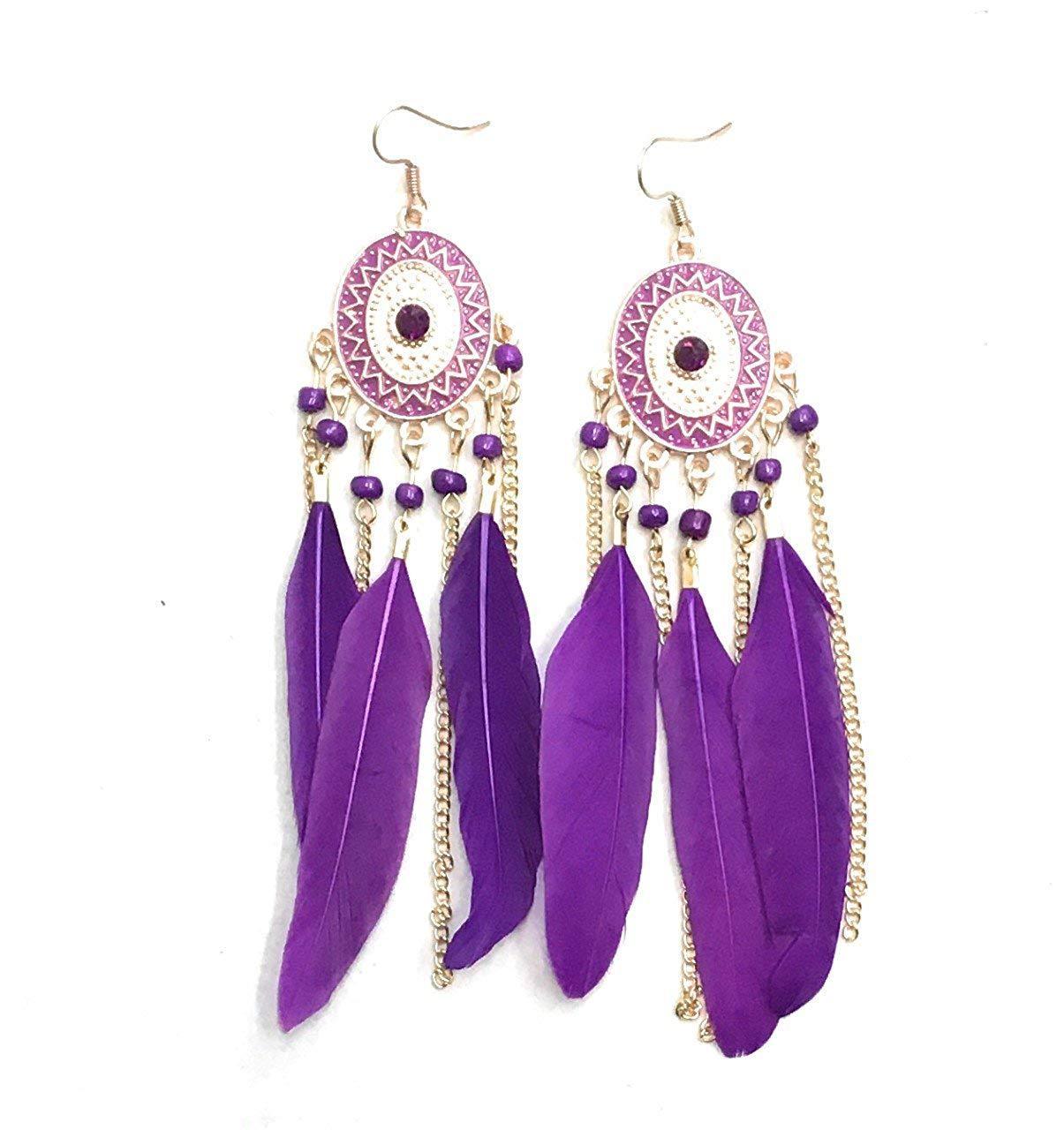 Cadbury Purple Feather Chandelier Boucles d’oreilles Gold Gypsy Boho Tribal Tassel - Percé ou Clip On