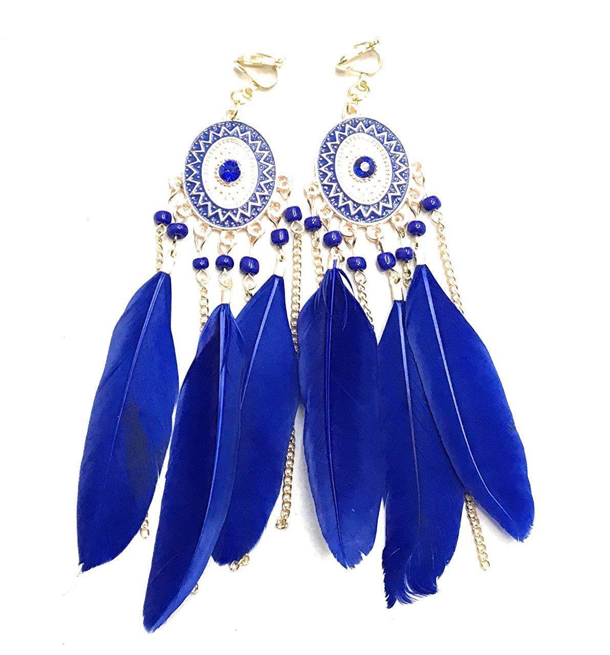 Royal blue Feather Chandelier Earrings Gold Gypsy Boho Tribal Tassel - Pierced or Clip On