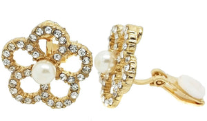 Flower Pearl Crystal Gold Clip On Earrings Ladies Studs Diamante CZ Gatsby