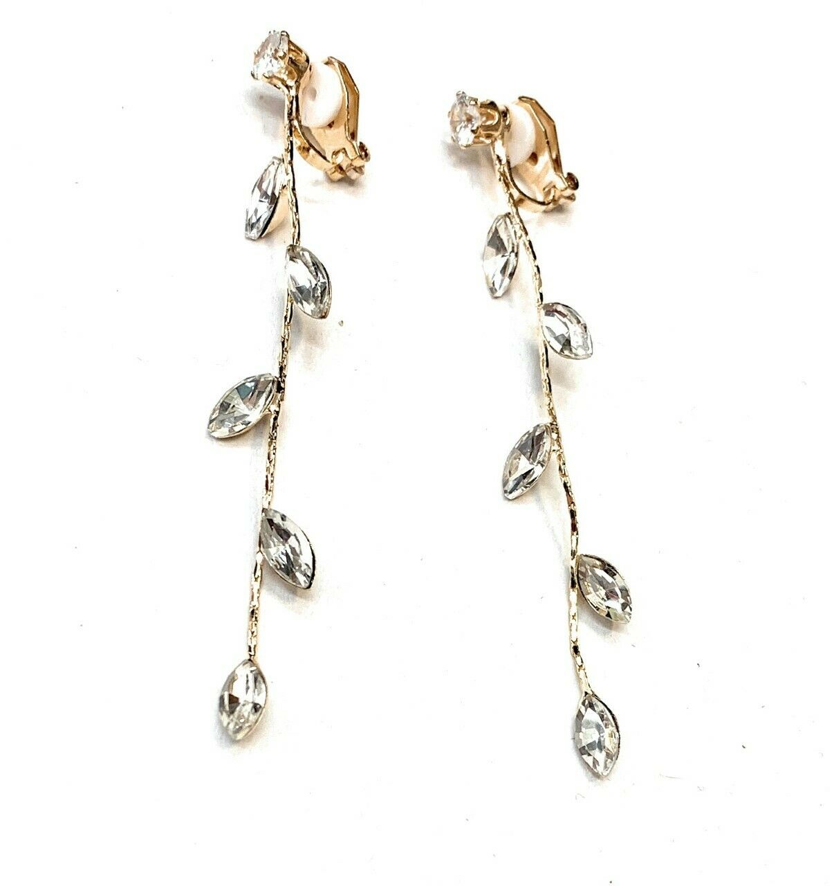 Zircon Crystal Leaf Drop Long Dangle Clip On Party Earrings Gift