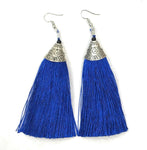 Royal Blue Long Funky Tassel Chandelier Silver Dangle Party Earrings - Pierced or Clip On