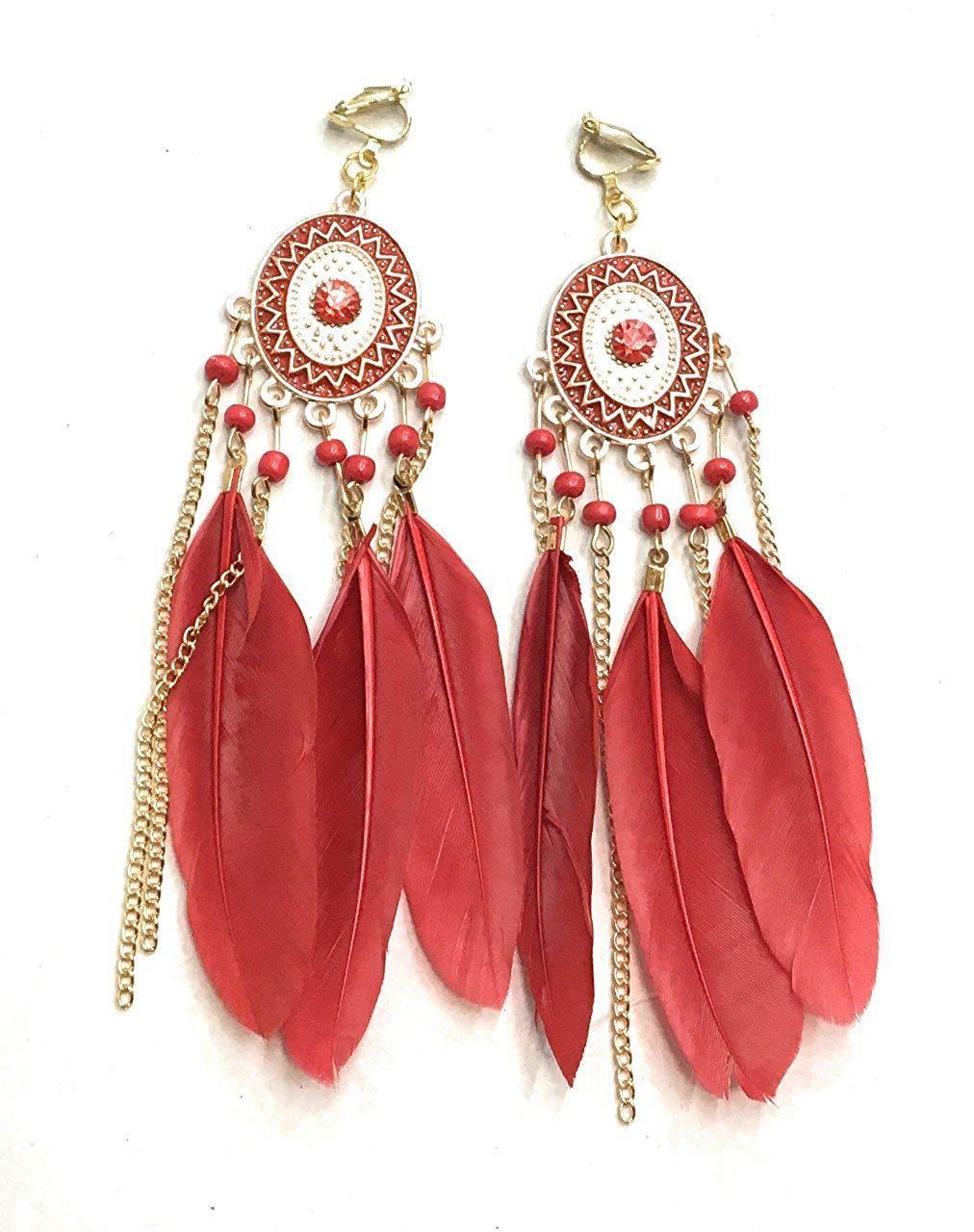 Boucles d’oreilles lustre plume rouge or gitane Boho Tribal gland - percé ou clipsé