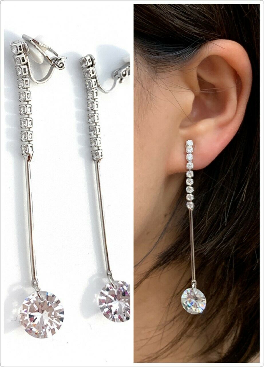 Silver Zircon Crystal Drop Long Dangle Clip On Earrings Non Pierced