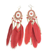 Red Feather Chandelier Earrings Gold Gypsy Boho Tribal Tassel - Pierced or Clip On