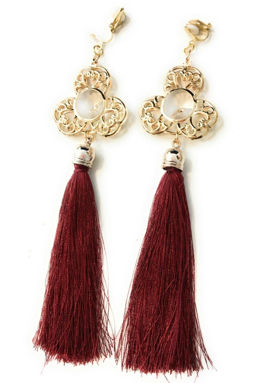 Boucles d'oreilles pendantes super longues et à pampilles funky rouge vin bordeaux - Percées ou à clipser