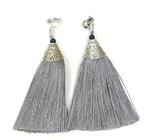 Silver Grey Long Funky Tassel Chandelier Silver Dangle Party Earrings - Pierced or Clip On