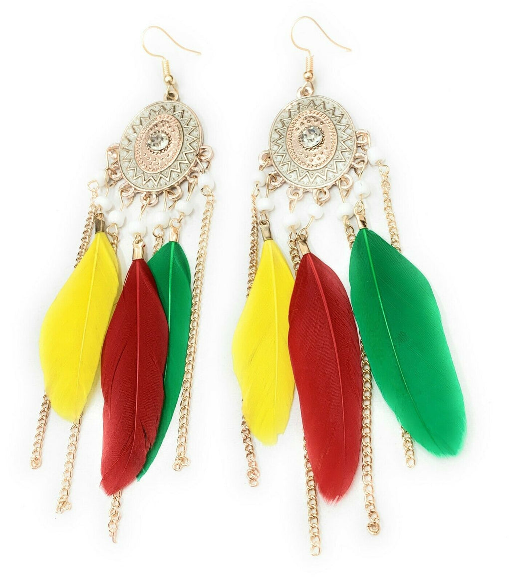 Green Yellow Red Colourful Rainbow Feather Chandelier Earrings Gold Gypsy Boho Tribal Tassel - Pierced or Clip On