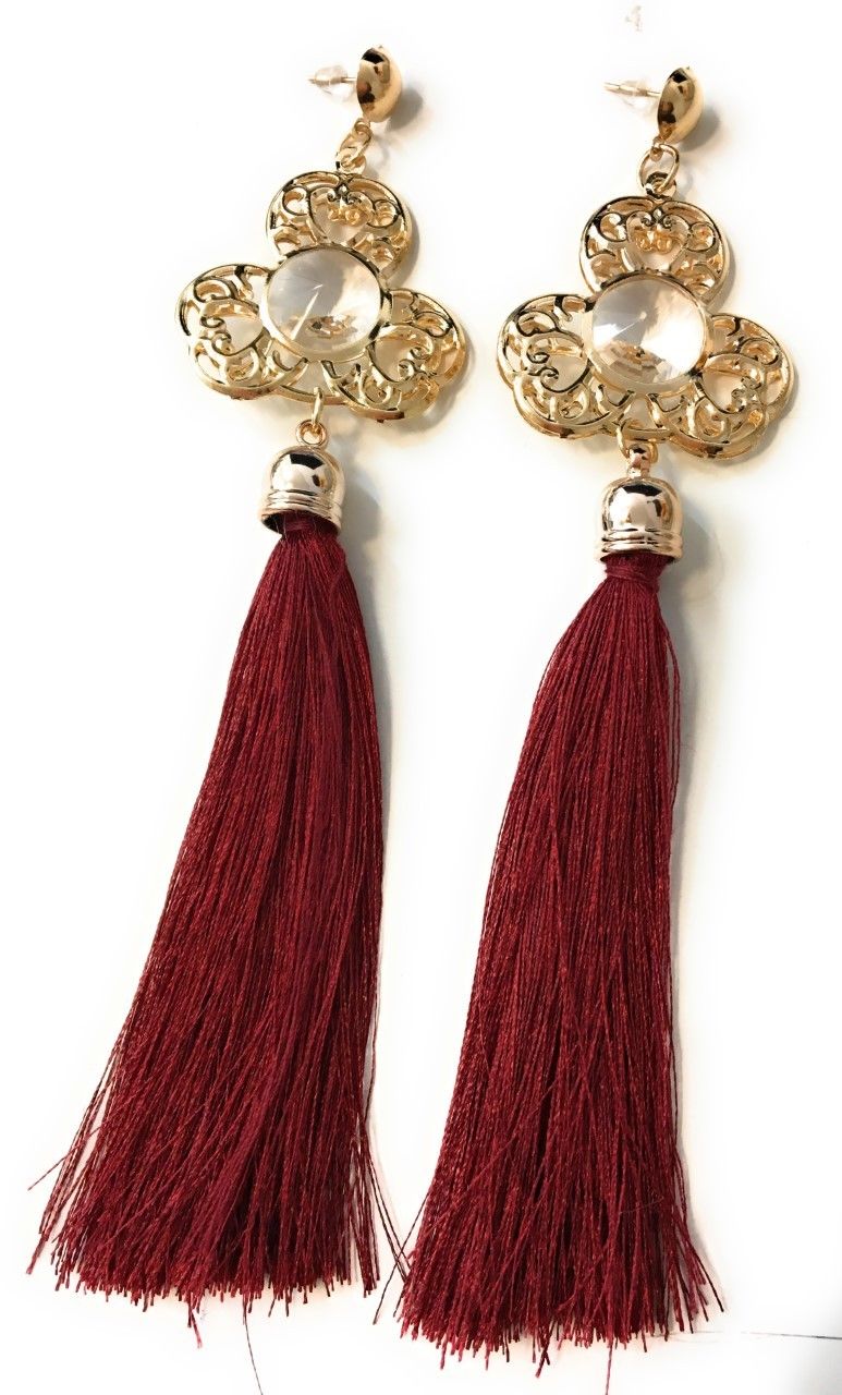Boucles d'oreilles pendantes super longues et à pampilles funky rouge vin bordeaux - Percées ou à clipser
