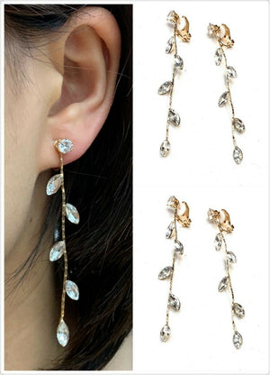 Boucles d'oreilles longues en forme de feuille de cristal de Zircon, pendantes à Clip, cadeau de fête