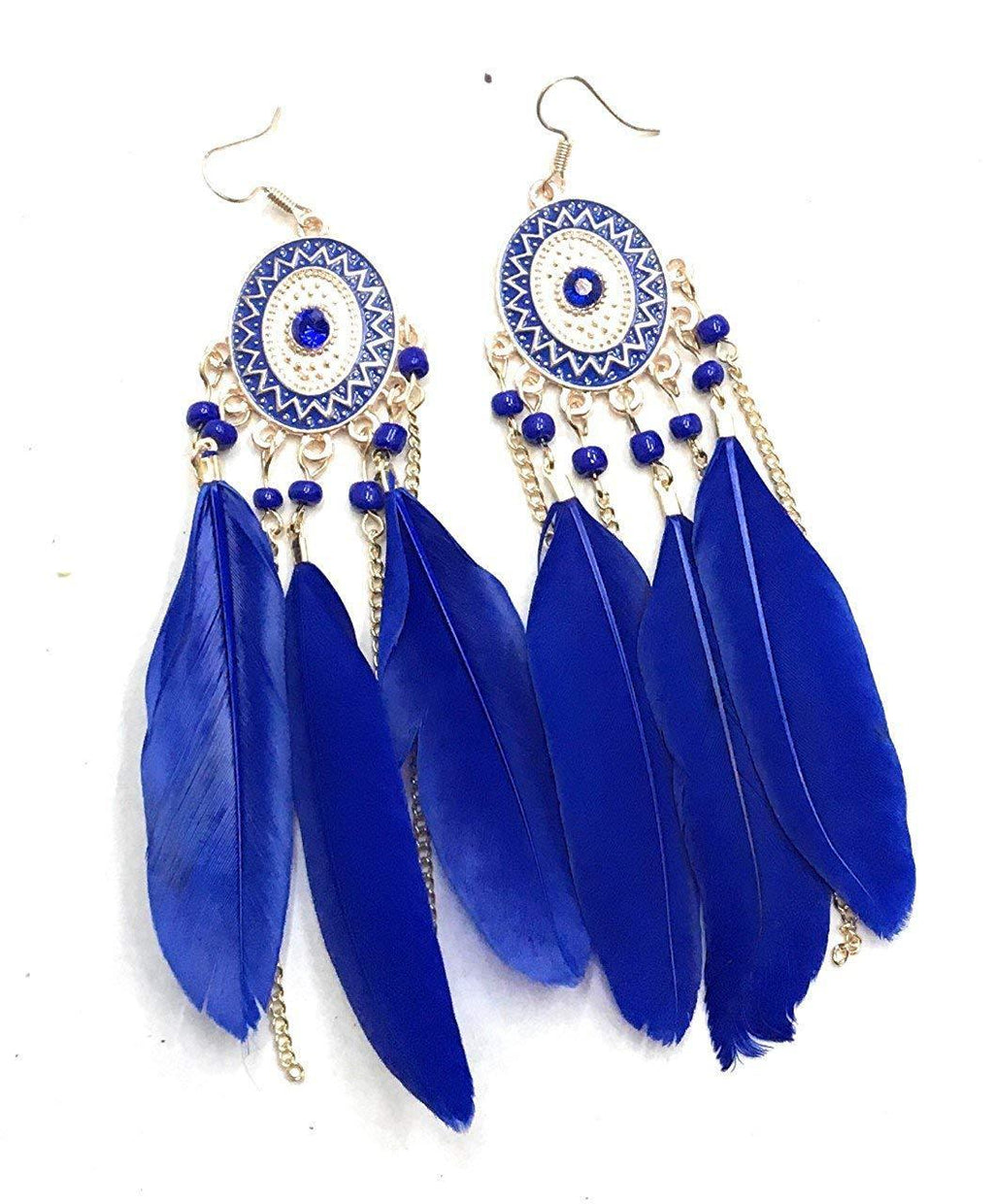 Royal blue Feather Chandelier Earrings Gold Gypsy Boho Tribal Tassel - Pierced or Clip On