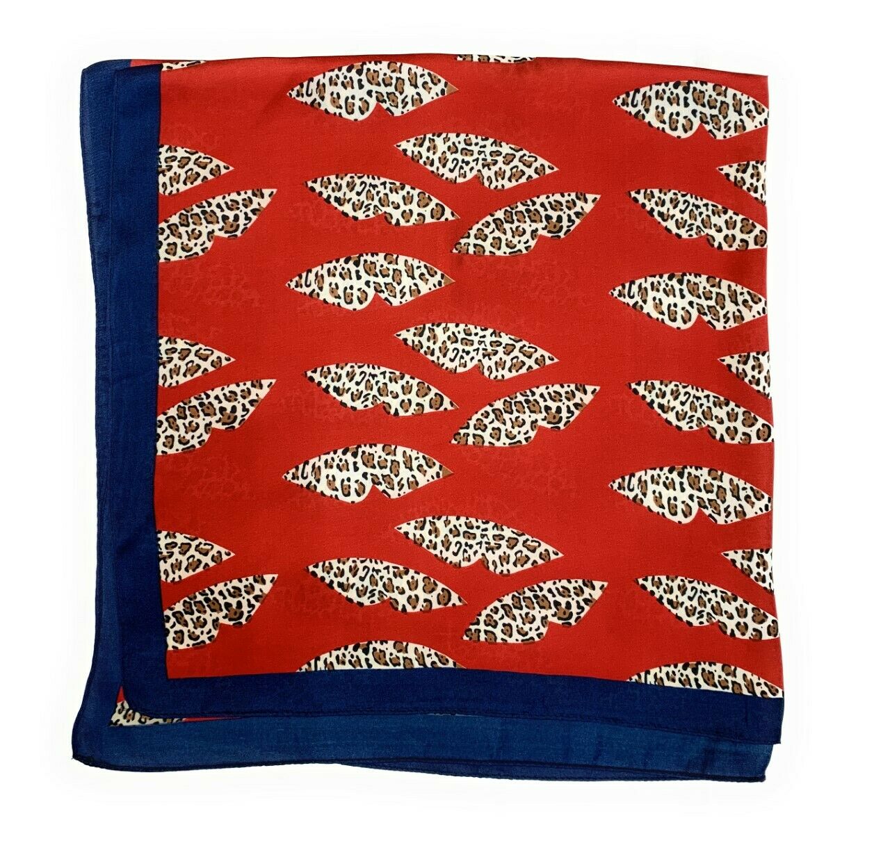 Big Square Ladies Womans Faux Silk Head Neck Thin Scarf Bag Charm - 70cm x 70cm [Leopard Lip Kiss - Red Navy]