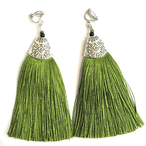 Lime Green Long Funky Tassel Chandelier Silver Dangle Party Earrings - Pierced or Clip On