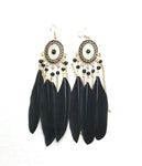 Boucles d'oreilles lustre en plumes noires, pompon Tribal Gypsy Boho doré - percé ou clipsé