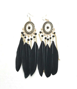 Black Feather Chandelier Earrings Gold Gypsy Boho Tribal Tassel - Pierced or Clip On
