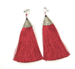 Burgundy Red Wine Long Funky Tassel Chandelier Silver Dangle Party Earrings - Pierced or Clip On