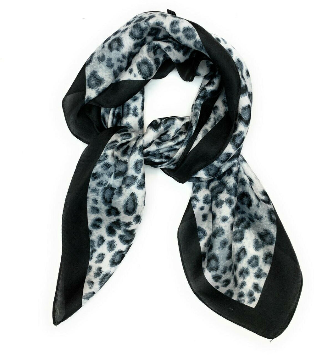 Big Square Ladies Womans Faux Silk Head Neck Thin Scarf Bag Charm - 70cm x 70cm [Leopard Animal Print - Black Grey]