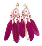 Fuchsia Feather Chandelier Earrings Gold Gypsy Boho Tribal Tassel - Pierced or Clip On