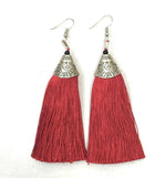 Burgundy Red Wine Long Funky Tassel Chandelier Silver Dangle Party Earrings - Pierced or Clip On