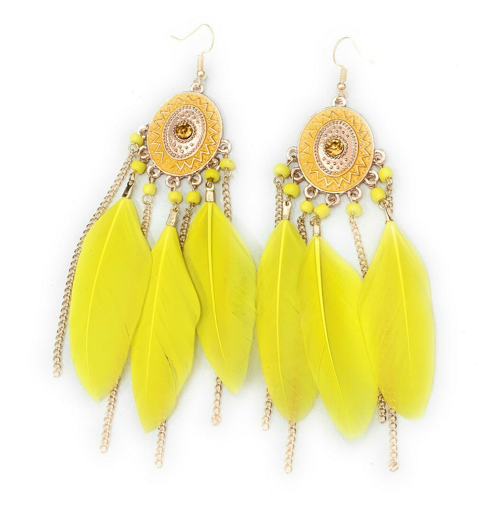 Yellow Feather Chandelier Earrings Gold Gypsy Boho Tribal Tassel - Pierced or Clip On
