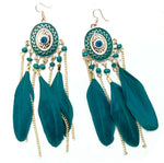 Turquoise Blue Feather Chandelier Earrings Gold Gypsy Boho Tribal Tassel - Pierced or Clip On