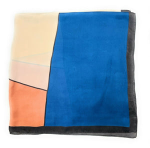 Big Square Ladies Womans Faux Silk Head Neck Thin Scarf Bag Charm - 70cm x 70cm [Royal Blue Orange Abstract Blocks]