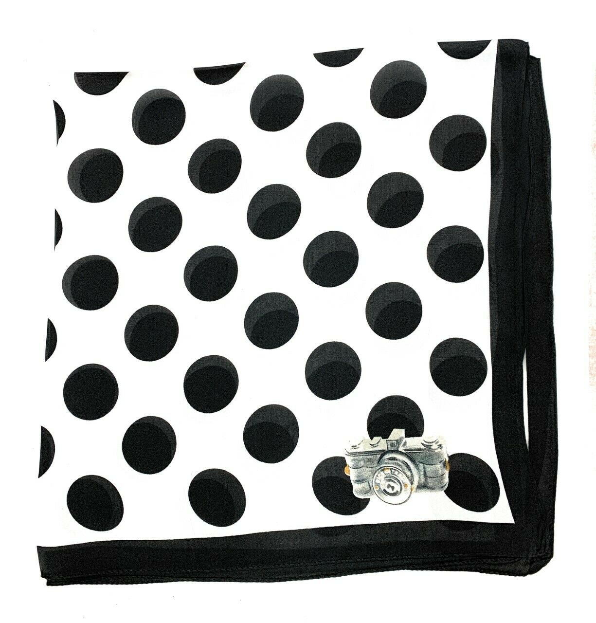 Big Square Ladies Womans Faux Silk Head Neck Thin Scarf Bag Charm - 70cm x 70cm[Large Polka Dot with Camera - Black White]