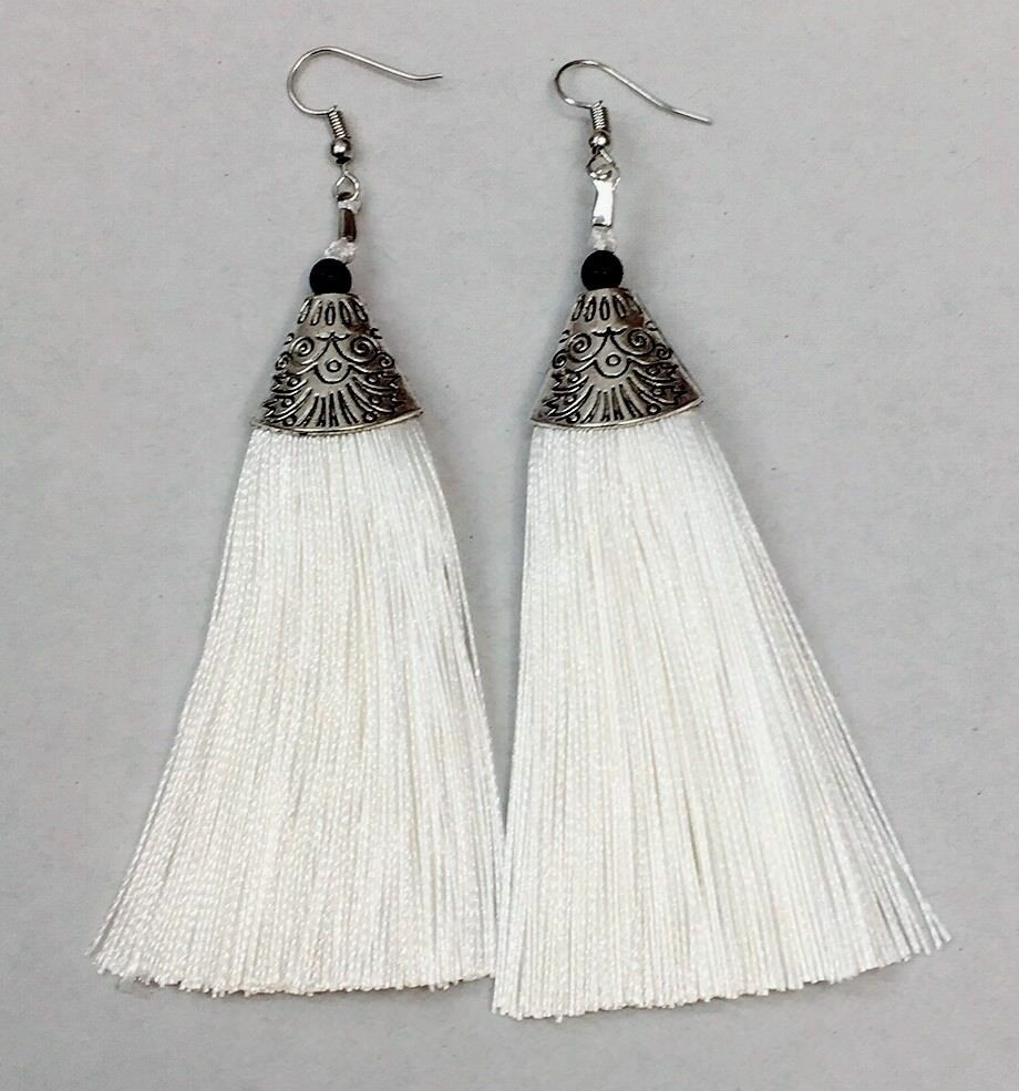 White Long Funky Tassel Chandelier Silver Dangle Party Earrings - Pierced or Clip On