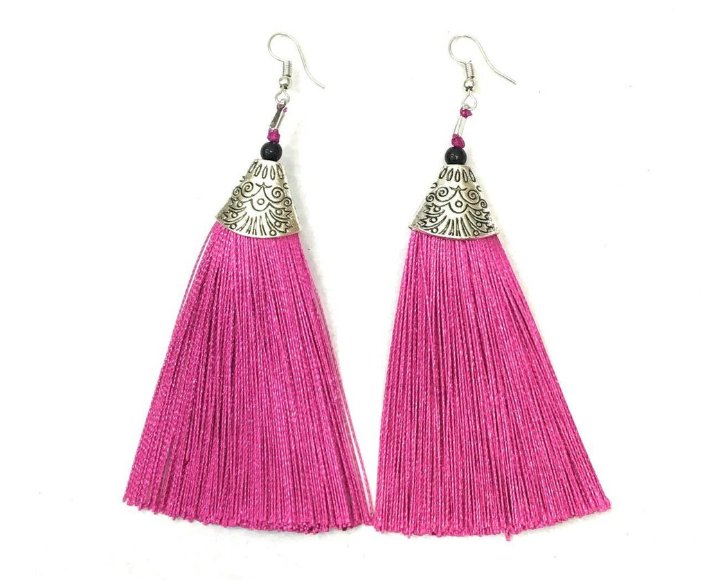 Fuchsia Pink Long Funky Tassel Chandelier Silver Dangle Party Earrings - Pierced or Clip On