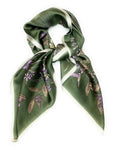 Grand carré pour femme en fausse soie pour tête et cou, écharpe fine, breloque pour sac – 70 cm x 70 cm [vert olive foncé violet floral]