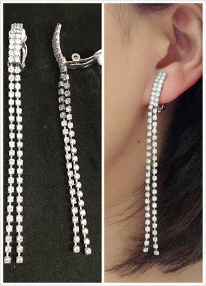 CLIP ON 3.2" Long RHINESTONE Sparkly Tassel Earrings Diamante Chandelier 8.5cm