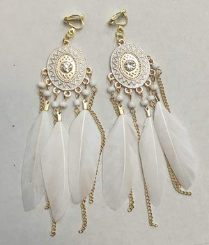 White Feather Chandelier Earrings Gold Gypsy Boho Tribal Tassel - Pierced or Clip On
