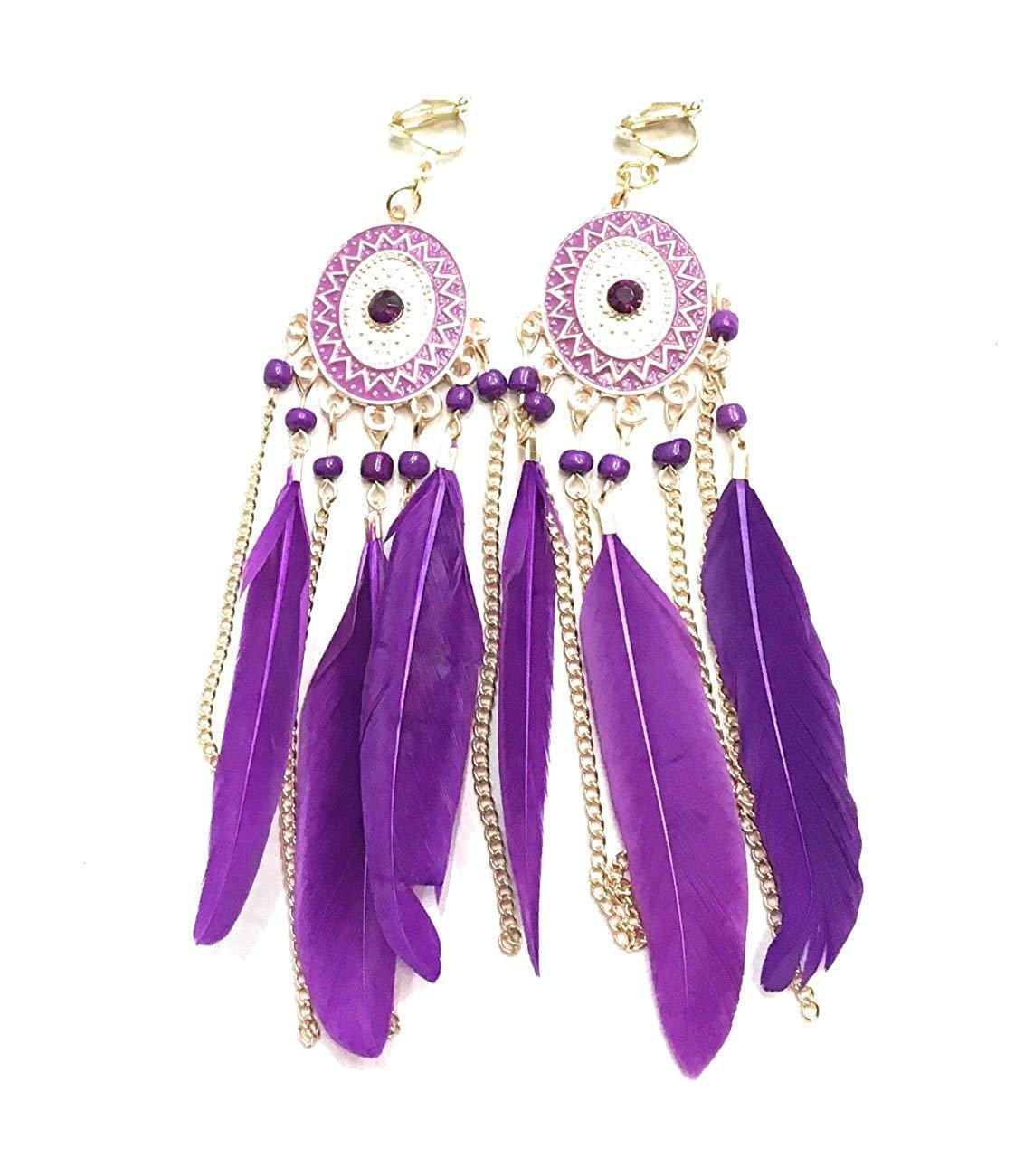 Cadbury Purple Feather Chandelier Boucles d’oreilles Gold Gypsy Boho Tribal Tassel - Percé ou Clip On