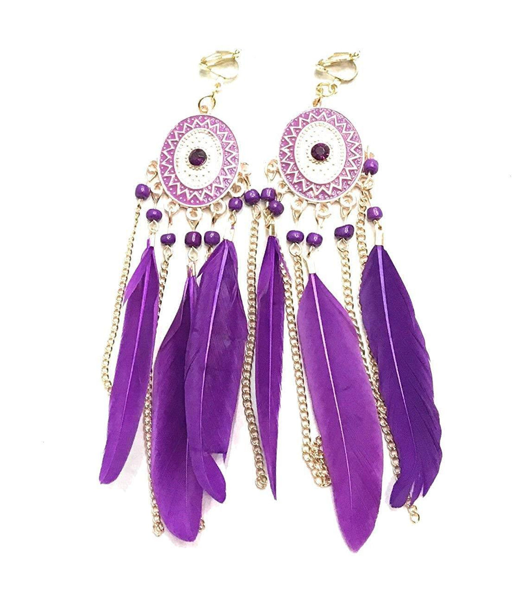 Cadbury Purple Feather Chandelier Earrings Gold Gypsy Boho Tribal Tassel - Pierced or Clip On