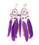 Cadbury Purple Feather Chandelier Earrings Gold Gypsy Boho Tribal Tassel - Pierced or Clip On
