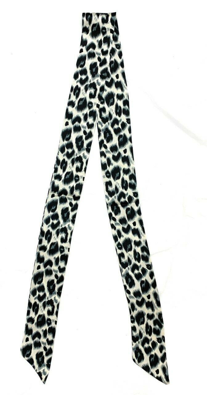 Women Skinny Scarf Satin Faux Silk Long Slim Ribbon Thin Fashion Ladies Scarves[Black Grey Leopard Print]